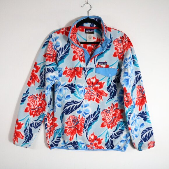 Patagonia Women Synchilla Snap T Manoa Dusk Blue Pullover Medium Floral Hawaiian - Picture 1 of 6